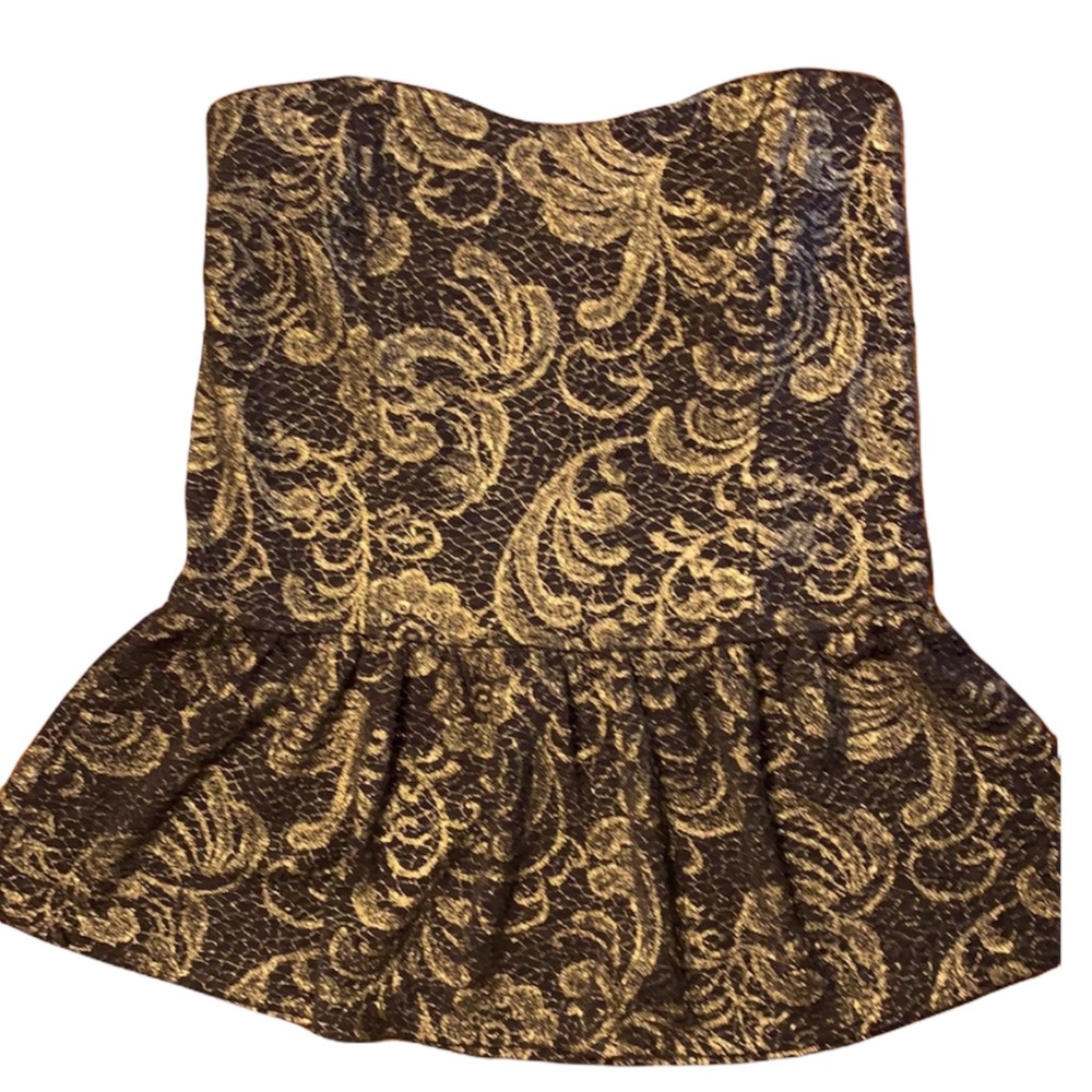 SEXY Black & Gold Lace Overlay Print Strapless Peplum Top Juniors Size Large